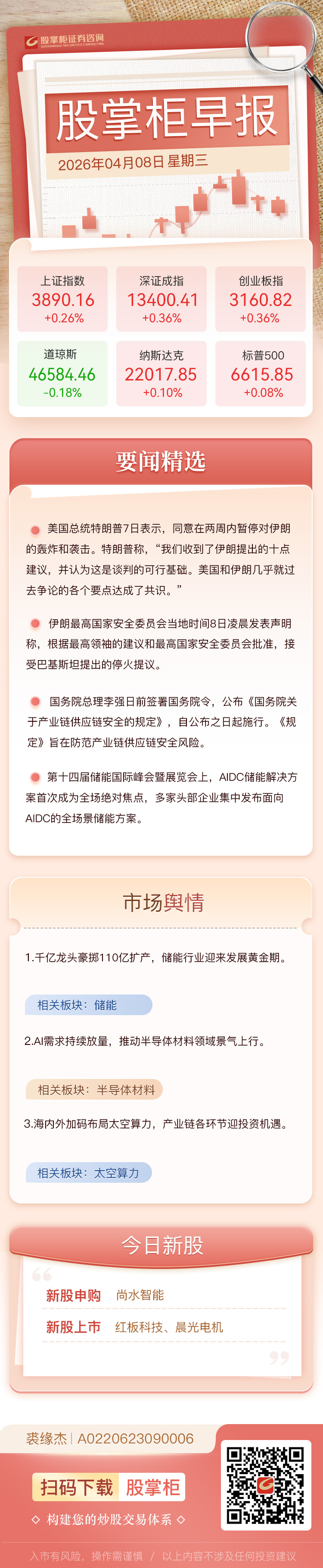 股掌柜早报：伊美同意停火两周 谈判将于10日开始