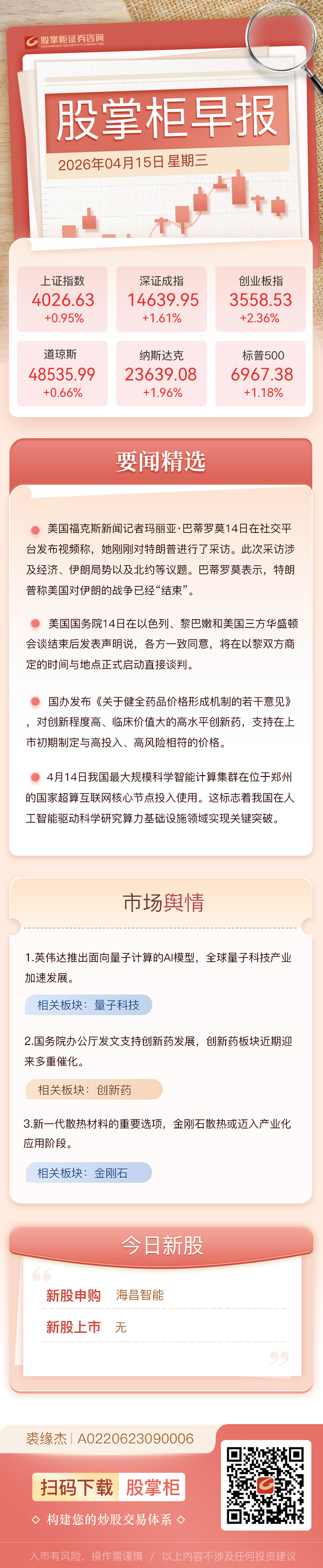 股掌柜早报：特朗普称美国对伊朗的战争已经结束
