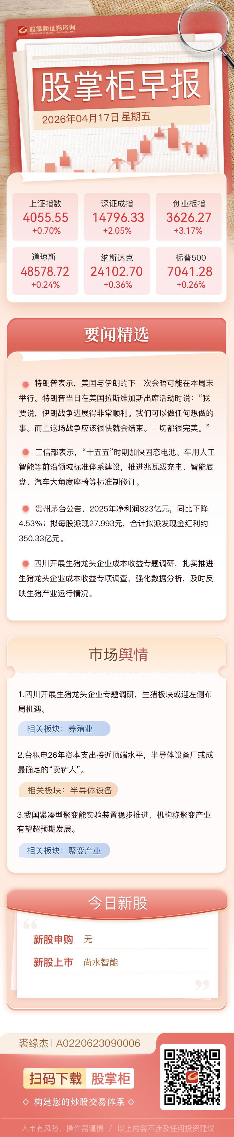 股掌柜早报：特朗普称美伊可能周末复谈