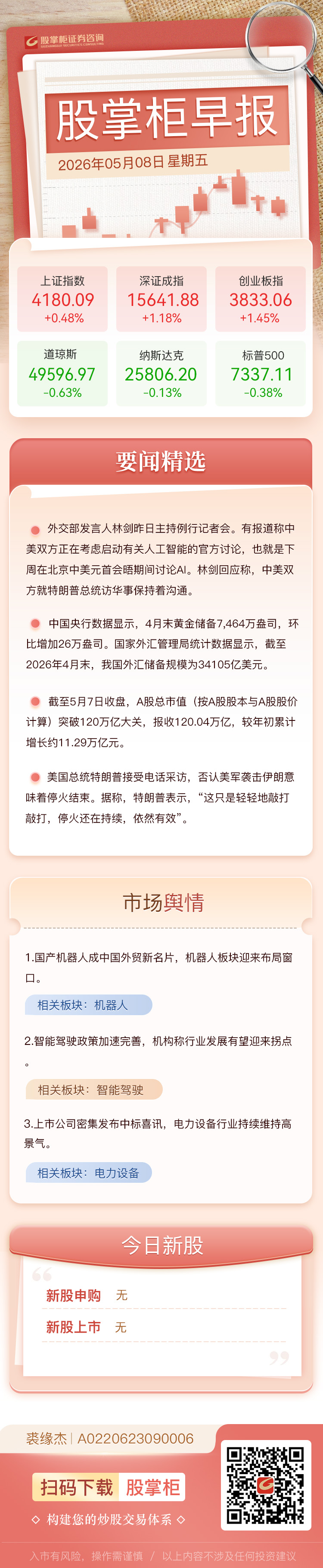 股掌柜早报：央行连续18个月扩大黄金储备